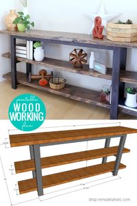 This modern wood console table is a great solution for an entry table or sofa table. The design is easy to modify to the length you need and the style will fit any home decor, from modern to farmhouse and everything in between. Get the building plans for this DIY table and make a beautiful, functional piece for your home.