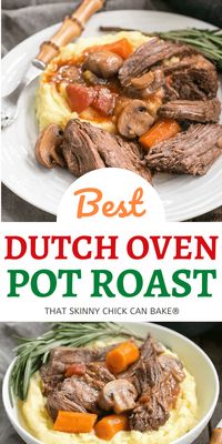 Dutch Oven Pot Roast with Mushrooms, Tomatoes & Red Wine - An unforgettable pot roast with an amazing depth of flavor! As perfect for a Sunday night family dinner as for company you want to impress! #comfortfood #potroast 