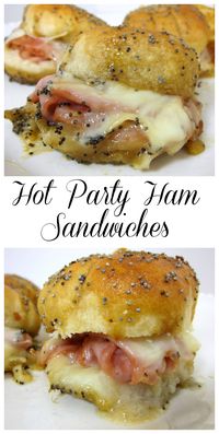 Hot Party Ham Sandwiches - split Hawaiian rolls, fill with ham and swiss, pour savory butter and brown sugar sauce over and bake - great for parties or dinner! There are never any leftovers!