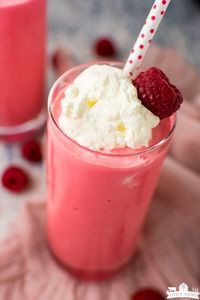 This is the easiest 3 ingredient raspberry milkshake recipe ever! You'll need vanilla ice cream, Jello and milk! #ad #pinterest.com/milk #RealMilkMoment #LoveWhatsReal #milkshakerecipe #easyjellomilkshake #jello #littledairyontheprairie