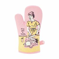 This ‘I’ve got a knife’ double sided oven mitt adds a touch of pastel vintage style to your kitchen clothing. This oven mitt has a quirky illustration of a woman chopping vegetables on pastel pink and yellow background. The double sided design features the rest of her kitchen preparation on the back, waiting to be chopped. This oven glove makes a great housewarming gift to add character to a new home. Made in China.