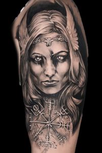 Black and grey realism viking woman with nordic compass