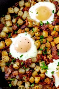 This recipe for Potato Hash with Bacon and Eggs is incredibly versatile and full of flavor. Crispy fried eggs and bacon, pillowy potatoes, and savory additions of onion and peppers makes this dish an irresistible skillet meal. It may be served for breakfast and brunch, but also lunch or dinner too, and is one of the best one pan meals. | #hash #breakfast hash #breakfast #bacon #skilletmeal