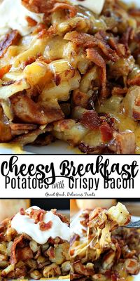 Cheesy Breakfast Potatoes with Crispy Bacon are loaded with cheese and one of the most amazing foods, apple wood bacon. A delicious breakfast potato recipe. #potatoes #bacon #breakfastpotatoes #breakfast #greatgrubdelicioustreats