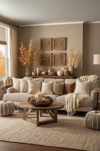 Mix warm neutral shades like beige and taupe with natural wood tones. Incorporate soft lighting and a mix of textured fabrics to keep the space inviting and comfortable throughout the autumn season. #NeutralLivingRoom #AutumnCozy #WarmTones #WoodDecor