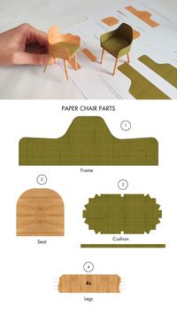 Blueprint for crafting a miniature paper chair model. The printable template is available in 1:12 and 1:24 scale. You can use this diagram to make your own version from different materials.