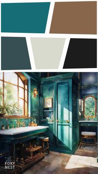 Elevate your bathroom with stunning teal cabinets!Add metallic accents like copper or matte black fixtures for a touch of sophistication. Incorporate natural wood elements to add warmth and texture. Finish with teal and white accessories, like towels and decorative items, to create a cohesive and stylish space. Transform your bathroom into a serene oasis with this elegant Teal Bathroom Cabinets Color Palettes! 🛁✨