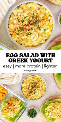 Creamy, tangy, and flavorful, this egg salad with Greek yogurt is going to be your new go-to high-protein, healthy lunch recipe! Perfect in a sandwich or pita bread, over a bed of greens, on its own, or with crackers, this high-protein egg salad is a versatile recipe you can meal prep for an easy lunch throughout the week.