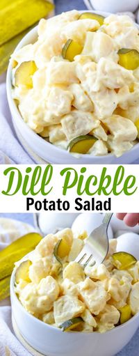 Dill Pickle Potato Salad! Sure to be a new family favorite! The tangy flavor of the dill pickles adds a delicious pop of flavor to this salad! Make it for your next picnic or BBQ!