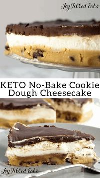 No-Bake Keto Cookie Dough Cheesecake – Low Carb, Grain-Free, Gluten-Free, Sugar-Free, THM S - With a layer of raw chocolate chip cookie dough, a layer of creamy cheesecake, and a layer of rich chocolate ganache my No Bake Cookie Dough Cheesecake may be the best dessert ever. #lowcarb #lowcarbrecipes #lowcarbdiet #keto #ketorecipes #ketodiet #thm #trimhealthymama #glutenfree #grainfree #glutenfreerecipes #recipes #cheesecake #nobake #desserts #dessertrecipes #ketodessert #lowcarbdessert