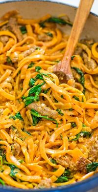 You are going to fall in love with these Butternut Squash Noodles with Sausage! Made with Italian sausage, spinach, spiralized butternut squash, garlic, cream, and Parmesan cheese, this dish is just bursting with flavors! #cooktoria #spiralized #spiralizerrecipes #butternutsquash #sausage #dinner #dinnerrecipes #recipeoftheday #lowcarbrecipes