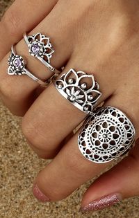 Lotus Boho Fashion Rings Set Chunky Mandala Vintage Antiqued Silver Stackable Midi Rings Bohemian Jewelry - www.MyBodiArt.com #rings