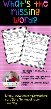 This powerhouse set of worksheets is perfect for your 1st graders who are itching to learn SIGHT WORDS. 185 beginning sight (FRY) words are included, broken down for the school year into five per week. 5 sentences with a missing word are on each sheet with a word bank. Students read the sentence, say "blank" and read to the end. What word makes sense? What word sounds right? What word looks right? Fill in one word from the word bank per sentence. This is a must for every 1st grade class.