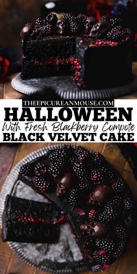 This black velvet halloween cake is perfect for spooky season. Its natural black color comes from using black cocoa powder. There is ZERO food dye in this cake! To compliment the robust chocolate flavor, I pair it with a fruity blackberry compote filling.