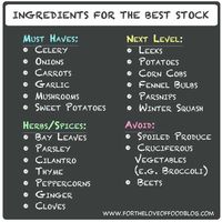 Ingredients for Making Perfect Vegetable Stock... We always keep a "stock bag" in the freezer for making broth from trimmings. Just don't use peels of non-organic produce like onions, carrots & potatoes or you get pesticide broth. Ick.