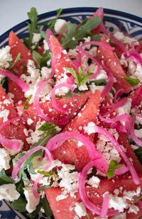 Nothing says summer like fresh watermelon. This Summer Watermelon Salad is the perfect side for the summer bbq or a light lunch. It is fresh, crisp and full flavor. The sweet, juicy watemelon meets the salty feta cheese, the peppery arugula and to top it all off, the pickled red onion!