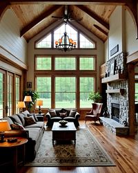 A rustic living room with high vaulted ceilings, a stone fireplace, and large windows providing a serene view of the outdoors. The wooden beams and warm decor create a welcoming and cozy atmosphere.

#RusticLiving #HarveyCedarsRetreat #CozySpaces #ProdigyRealEstate