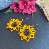 Sunflower earrings, girasol beaded earrings, sunflower gift for her, large flower seed bead earrings, designed and handmade in the UK, by Artisanbeadcompany on Etsy