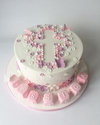 Ditsy flower baby girl christening cake with Cute little letter blocks to decorate the board.  So simple but so effective.