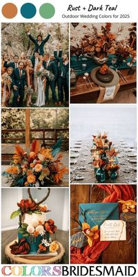 Rust and dark teal for outdoor wedding colors for 2025, rust bridesmaid dresses, white bridal gown, dark teal groomsmen suits, rust dried flowers of reception centerpieces and wedding venue décor, dark teal wedding table runner, white and dark teal wedding cake with rust flowers, dark teal wedding inviations. #weddingcolors #weddingideas #beachweddings #colsbm #2025 #bridesmaiddresses #rustwedding #tealweddings #rustanddarkteal