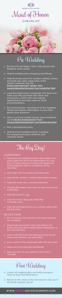 Brides Entertainment - Maid Of Honor Duties Checklist (Pre-Wedding, During Wedding and Post Wedding)