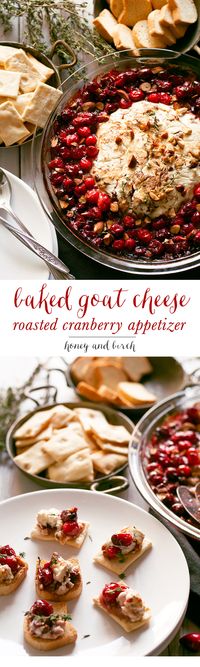 This fancy baked goat cheese roasted cranberry appetizer recipe is easier to make than it looks! It is the perfect appetizer for holiday gatherings like Thanksgiving and Christmas! | honeyandbirch.com