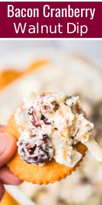 Bacon Cranberry Walnut Dip is a cold party dip recipe perfect for serving with Ritz crackers. This easy dip is loaded with dried cranberries, chopped walnuts, crumbled bacon and Swiss cheese.