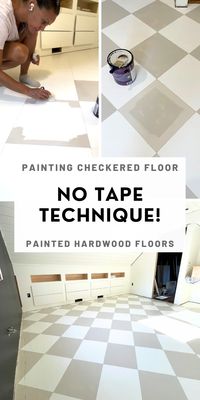 Learn this easy no tape painting checkered floor technique that is hands down the easiest painted bedroom floor makeover idea. One of my fav Easy Home Improvement Projects - this diamond pattern painted floor was easy and affordable! Here is everthing you need to know about painted hardwood floods. From prep, to painting wood floors, check out my checkered floors project guide for the best tips and tricks. SAVE this to re-create this beige and white checkerboard floor!