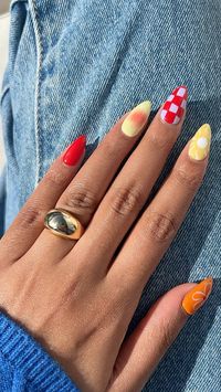 Summer nails, aquamarine nails, bright nails, red nails, colourful nails, fun nails, nail design, checkered nails, yellow nails, trendy nails