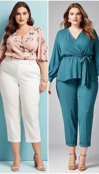 Elevate your workwear wardrobe with these stunning plus-size outfits! On the left, the soft pink floral wrap top paired with tailored white trousers creates a fresh and stylish look perfect for spring office meetings. The right showcases a chic teal wrap top with a tie detail, complemented by matching ankle-length trousers that offer both comfort and elegance. Each ensemble is designed to flatter your silhouette while ensuring you feel confident and put-together. Ideal for formal settings or lunch dates, these stylish outfits are must-haves for fashion-forward plus-size women. Get ready to turn heads at work with these on-trend pieces! #PlusSizeFashion #WorkwearTrends #StylishOutfits #OfficeWear #CasualChic