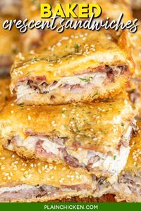 Baked Crescent Sandwiches - SO GOOD!! Crescent rolls stuffed with turkey, ham, roast beef, bacon, and cheese topped with a sweet & savory glaze and baked. These things are ridiculously good! Great for tailgating, potlucks, parties, lunch, and dinner. Crescent rolls, ham, turkey, bacon, cheese, butter, dijon mustard, Worcestershire sauce, brown sugar, and sesame seeds. There are never any leftovers when I take these to a party! Whip up a batch ASAP!