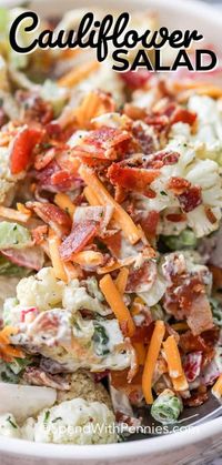 Need a healthy vegetable salad for your next potluck? Try this easy Cauliflower Salad, made with celery, radishes, bacon and cheese! #spendwithpennies #cauliflowersalad #broccolicauliflowersalad #keto #potatosalad