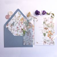 ✦ ITEM DETAILS ✦ printed Vellum wrap *  size 5 (W) x 7 (H) inches when folds - fit the invitation up to 5 inch wide card/ up to 120lb cardstock or 1/8 inch thick acrylic invitation == please measure your card and make sure the size of the card prior to ordering the vellum wraps == 29 lb white translucent vellum paper * flat color ink printed * hand scoring & folded * ready to use * ✦ Not included- Printed invitation cards and any other items (insert cards, envelopes, strings, wax seals and etc.)