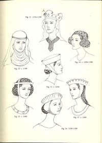 Plantagenet (1154-1399): Wimple, Barbette, Fillet and Crespine Barbette- supposedly introduced by Eleanor of Aquitaine, was a band of linen encircling the face and pinned into place. Description from pinterest.com. I searched for this on bing.com/images