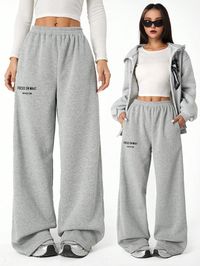 Teen Girls Casual Street Style Essential Letter Printed Baggy Sweatpants In Heather Grey Grey    Knitted Fabric Letter,Slogan  Non-Stretch  Teen Girls Clothing, size features are:Bust: ,Length: ,Sleeve Length: