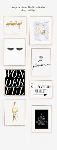 Cute wall gallery idea for the home office decorated with pretty fashion art prints