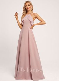 [US$ 99] A-line Halter Floor-Length Chiffon Bridesmaid Dress With Ruffle 