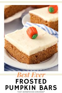 Killer Pumpkin Bars with Cream Cheese Frosting - Guaranteed the BEST Pumpkin Bars you'll ever taste! Super easy to make and the combo of frosting with these moist, tender bars is phenomenal! Follow That Skinny Chick Can Bake for more amazing dessert recipes!!