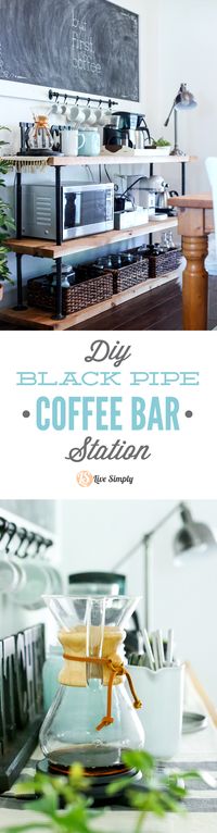 Build your own coffee bar! This project is made with industrial-style black pipes and wood--that's it! Get that classic coffee bar look in your own home.