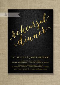 Gold & Black Rehearsal Dinner Invitation in formal metallic gold and textured black.  Classic, traditional with a modern script by digibuddhaPaperie