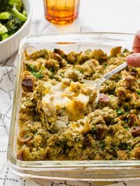 Use up leftover turkey (or rotisserie chicken) in this delicious 4 layer Turkey Stuffing Casserole. Freezer-friendly!