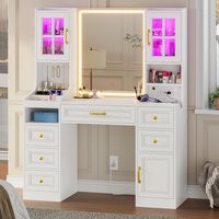 Vanity Desk with Touch Screen Mirror and Lights, Large Makeup Vanity with RGB Light Cabinets & Charging Station, 6 Drawers, 5 Jewelry Hooks, Vanity Table with Lighted Mirror Large Vanity with RGB Light Cabinets & LED Mirror & Charging Station 【2 Glass…