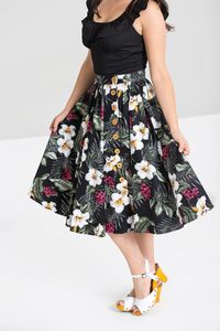 Printed 50’s skirt. Print is of tropical flowers on a light green background. Off centred placket at the centre front in self fabric. 9 wooden buttons down the placket. Side pockets. Fabric content: 97% Cotton 3% Elastane.