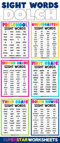 Dolch sight words list for preschool, kindergarten, first grade, second grade, and third-grade levels. Our free printable Dolch sight word lists provide you with colorful sight word charts for easy reference and assessment. Teach your child to read sight words with these full size PDF Dolch 220 sight word lists. We've also included a list of Dolch sight word nouns.