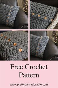 This beautiful free crochet cushion cover with buttons pattern is perfect for both modern and traditional decor. It’s button up design allows for easy removal for cleaning and changing. This Crochet Cushion Cover with Buttons was made to fit an 18″ x 18″ pillow but can easily be changed to fit any size pillow at all. f you wish to stuff the pillow you will need to use the recommended hook size on the yarn wrap, and follow the instructions for a custom pillow cover.