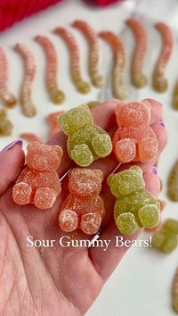 Healthy Sour Gummy Bears! These only require 4 ingredients, they're dye free, refined sugar free, and made with only wholesome ingredients! This version also requires no blending of fruits or veggies, just some fresh juice! I made sour apple & sour watermelon, and they were both DELISH! ✨ if you're looking for the gelatin, molds, or vitamin C powder I used, comment LINK and they'll be sent to your DM! ✨ Sour Watermelon Gummies 1 cup watermelon juice 1/4 cup lemon juice 1 tbsp honey 4 ...