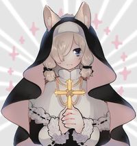 1girl alpaca_ears alpaca_suri_(kemono_friends) alternate_costume animal_ear_fluff animal_ears blue_eyes commentary_request cross crucifix eyebrows_visible_through_hair fur_trim hair_bun hair_over_one_eye hair_tubes hands_clasped highres hood ichi001 jewelry kemono_friends long_sleeves necklace nun own_hands_together short_hair smile solo upper_body white_hair