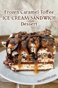 Frozen Caramel Toffee Ice Cream Sandwich Dessert recipe - from RecipeGirl.com #frozen #caramel #toffee #icecream #dessert #recipe #RecipeGirl