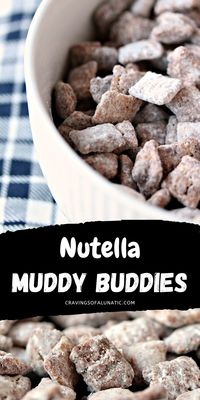 Nutella Muddy Buddies AKA Nutella Puppy Chow is sure to be a hit with kids and adults alike. Make a double batch because this stuff is addictive! #nutella #muddybuddies #puppychow #snack #chex #dessert