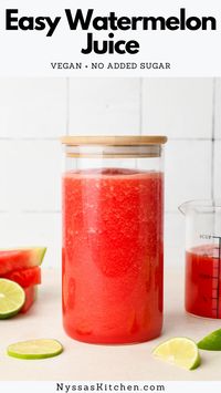 This easy watermelon juice is the most refreshing nutrient dense drink! Perfect for a hot summer day when you're in need of some delicious hydration. Made with only 3 ingredients and without a juicer. Vegan, dairy free, gluten free, no added sugar.